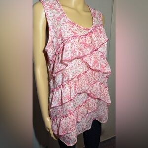 Christopher & Banks pink & white floral blouse w/ruffles. Sz. L